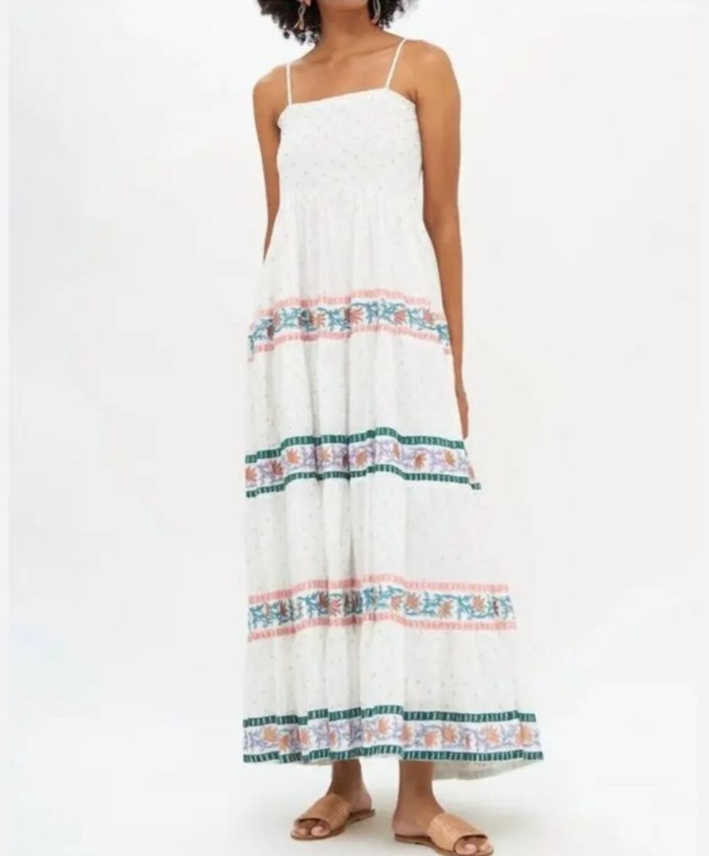 Oliphant Jamali Smocked Maxi Dress Large White Floral Boho Cotton Resort Wear